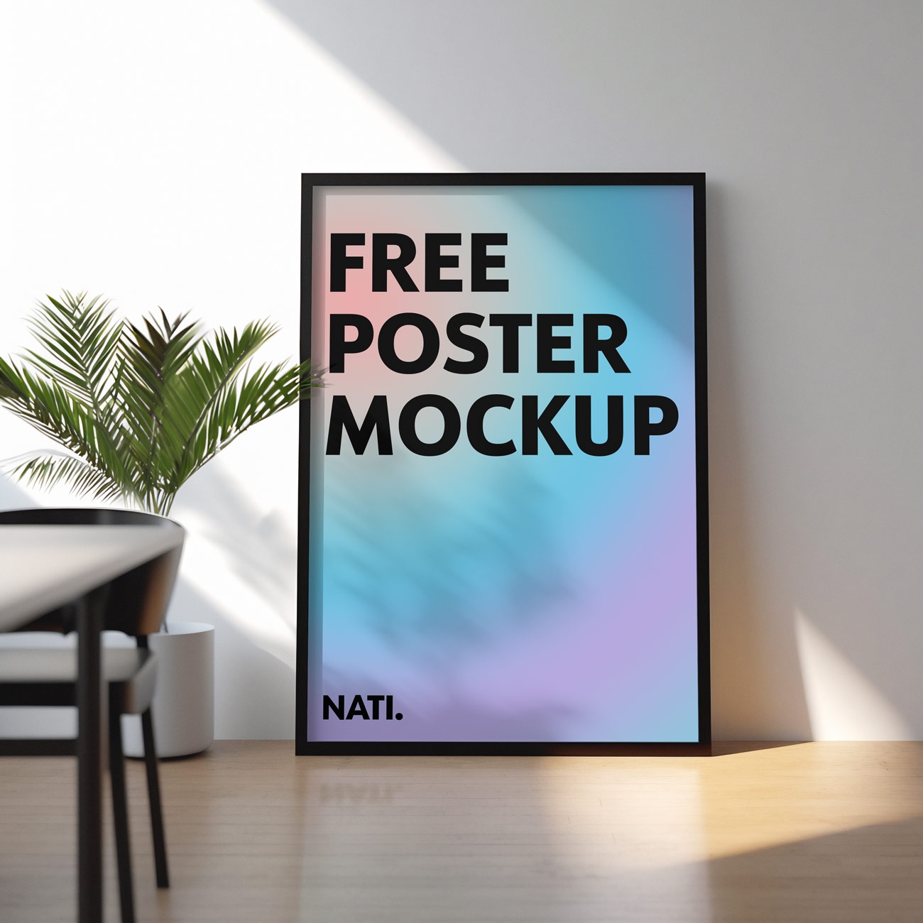 framed poster standing against a wall in a living room brightly lit by the sun