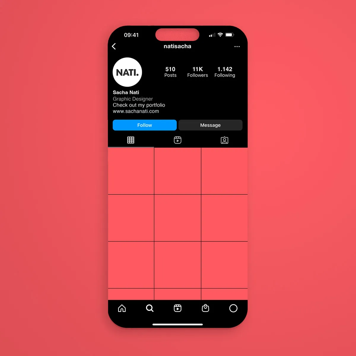 Instagram profile screen only mockup — dark mode