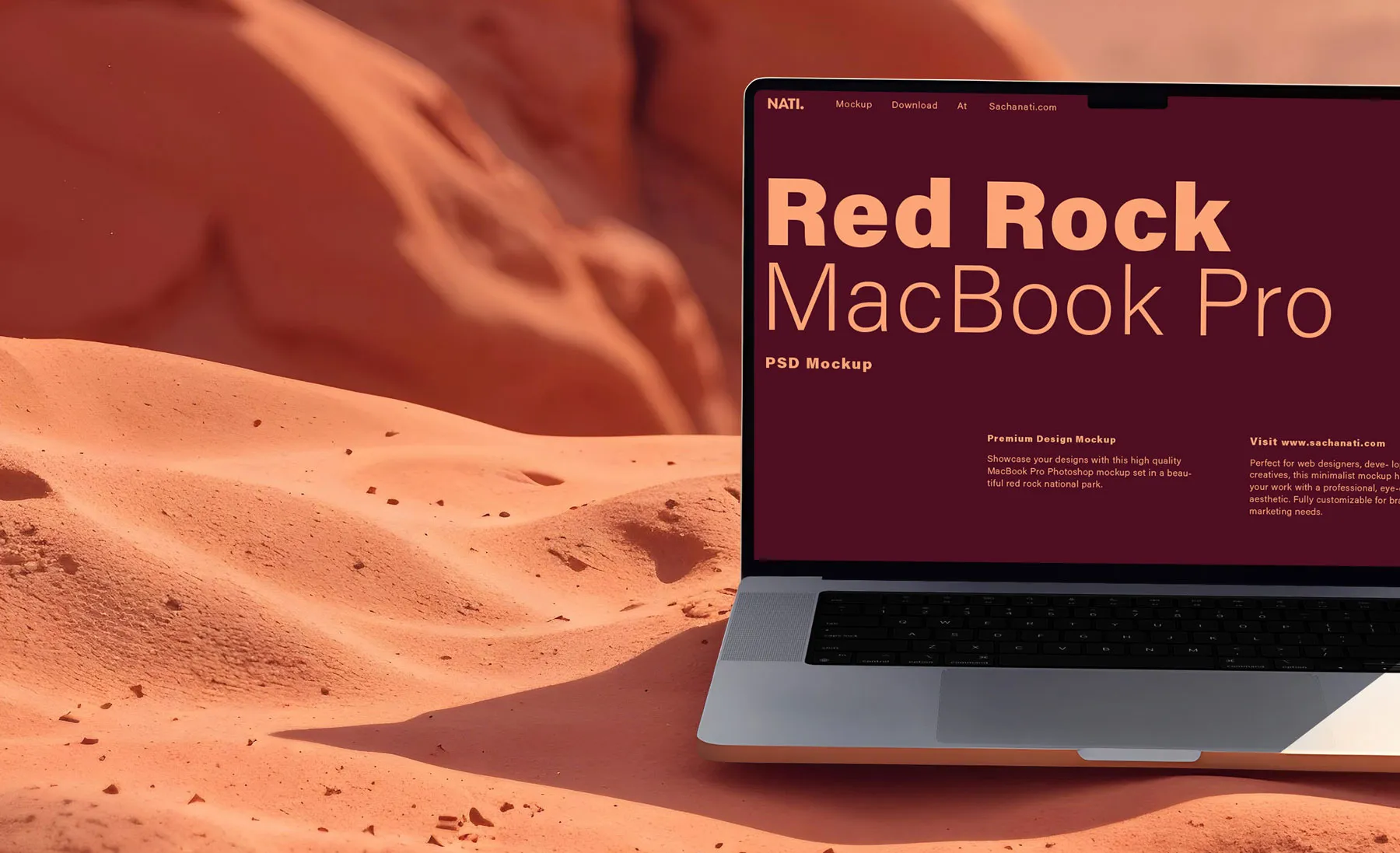Close-up of MacBook Pro screen in red rock mockup