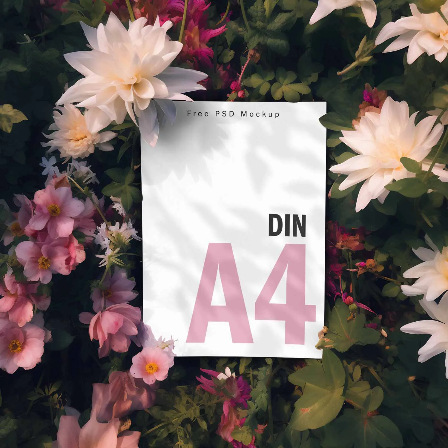 Free poster mockup lying in colorful flowers