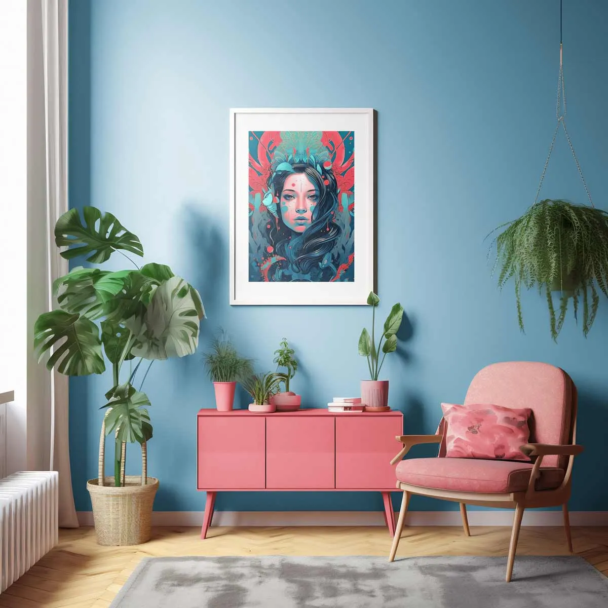 Framed poster mockup with blue and pink color scheme