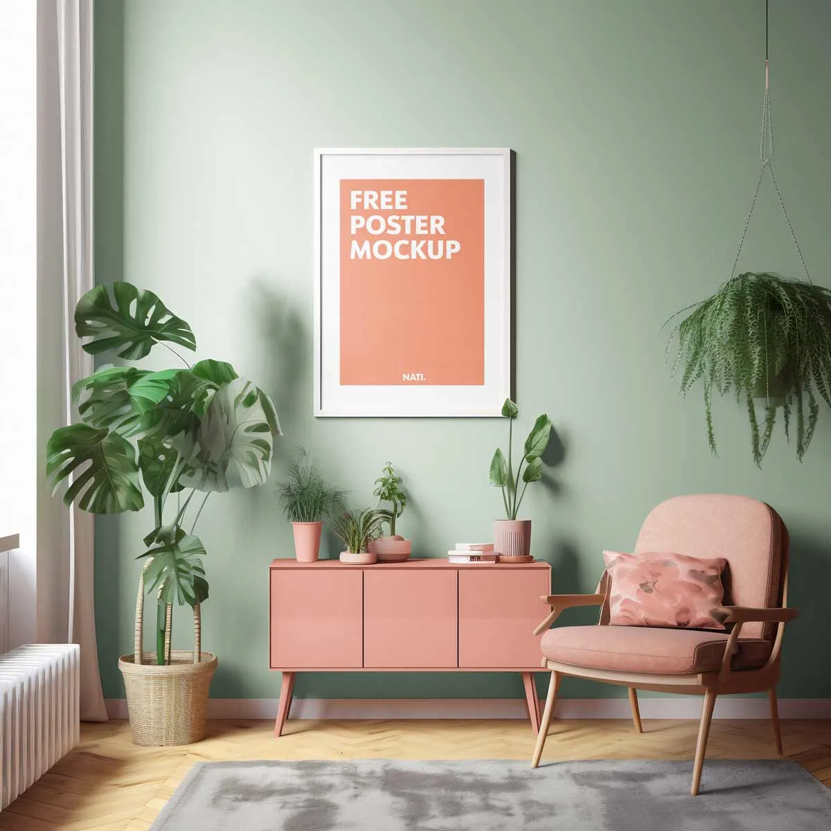 Framed poster mockup with orange and green color scheme