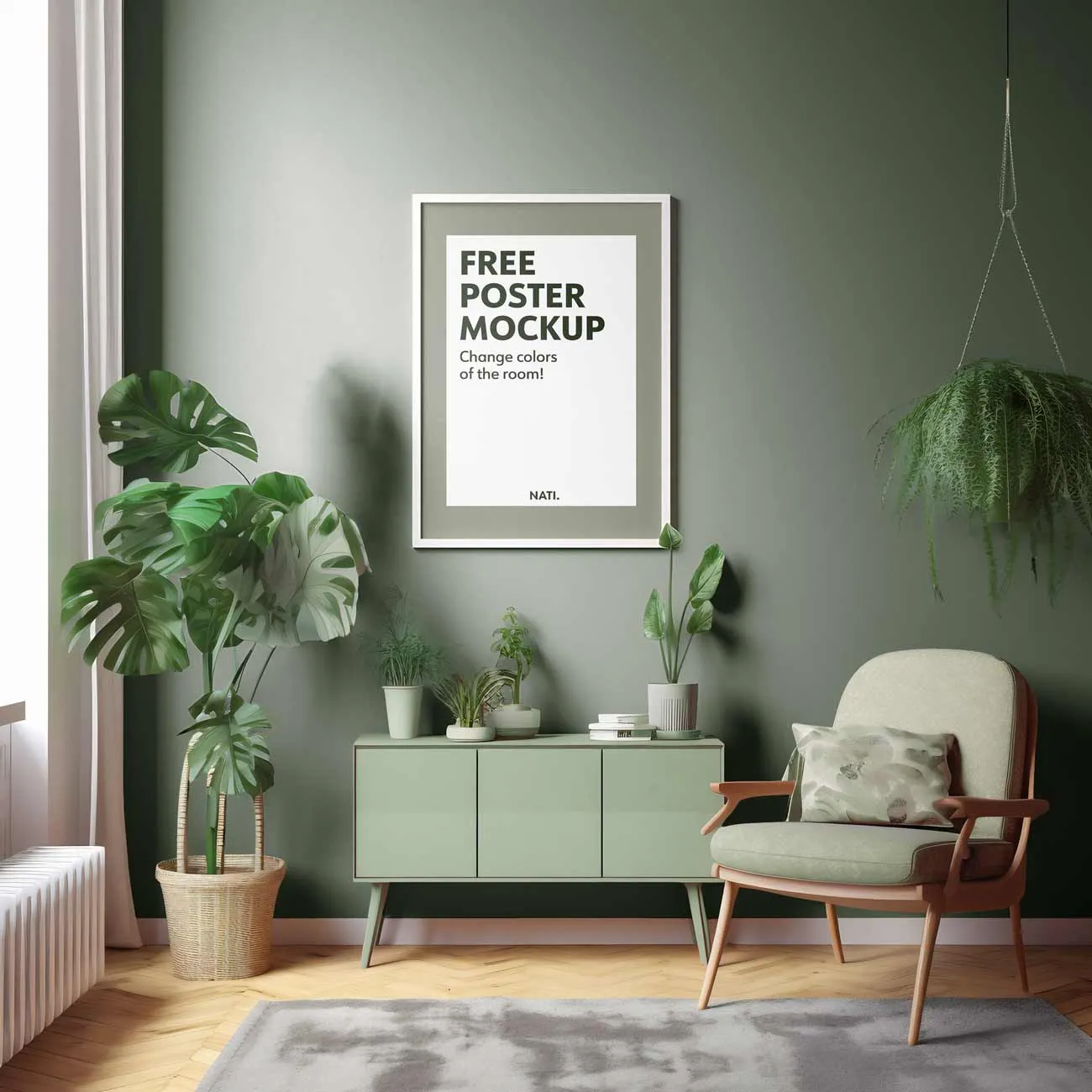 Free framed poster mockup on wall in living room