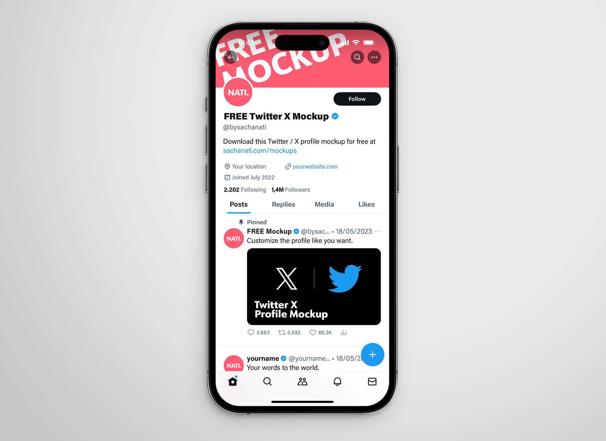 free twitter X profile page mockup displayed on an iPhone 15 pro example content