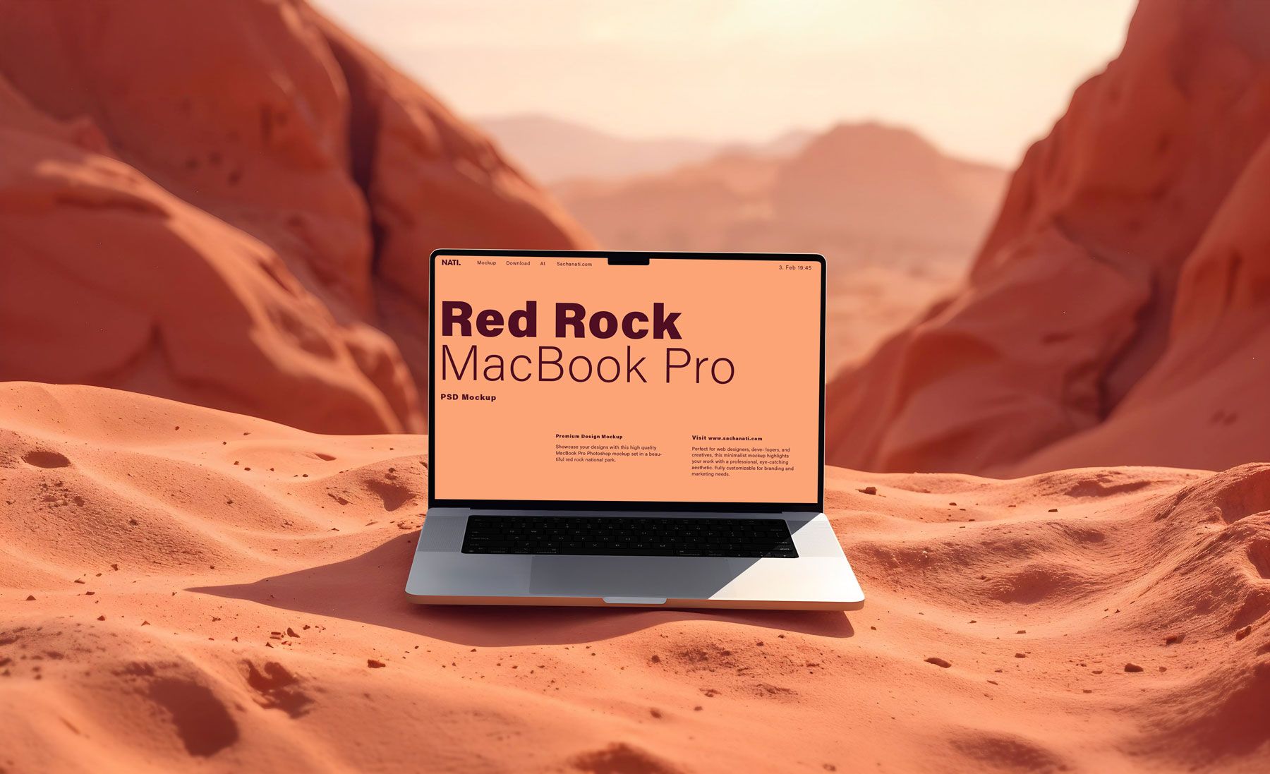 psd mockup of a macbook pro in a red stone desert
