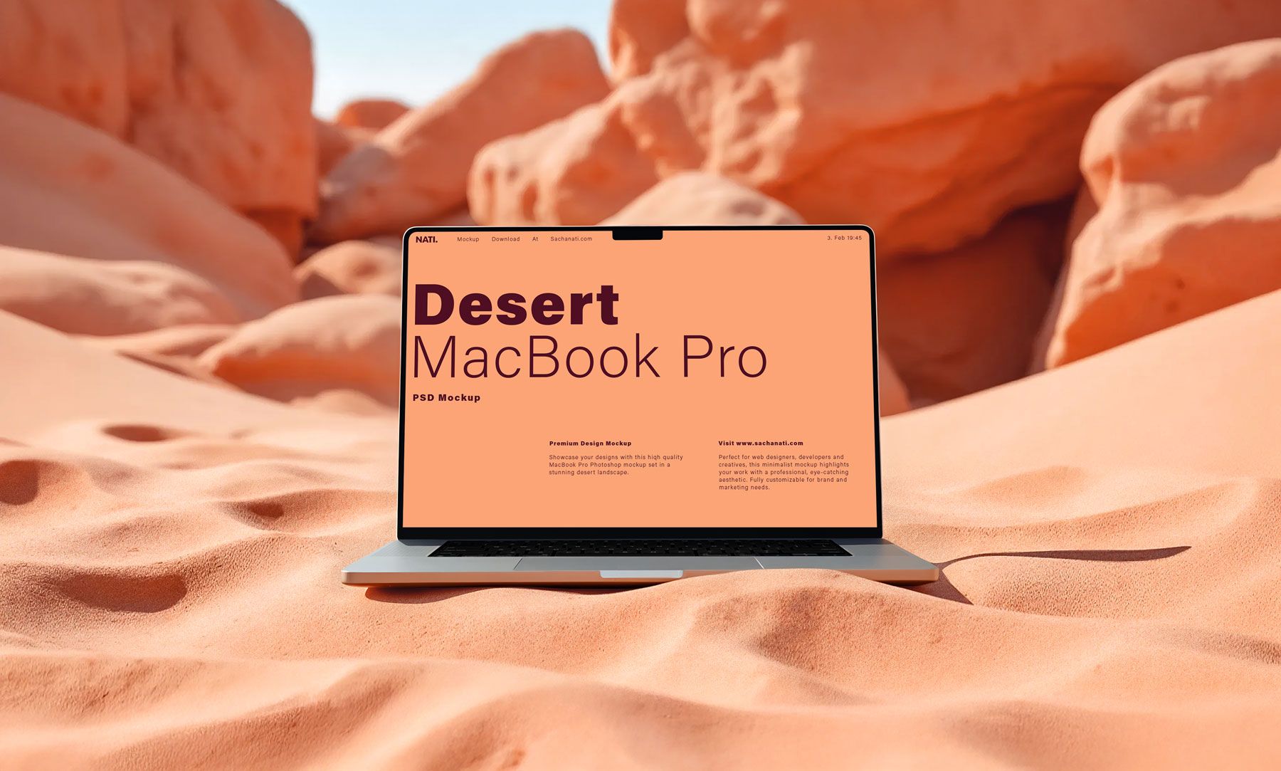 MacBook Pro placed in a sand desert Photoshop mockup