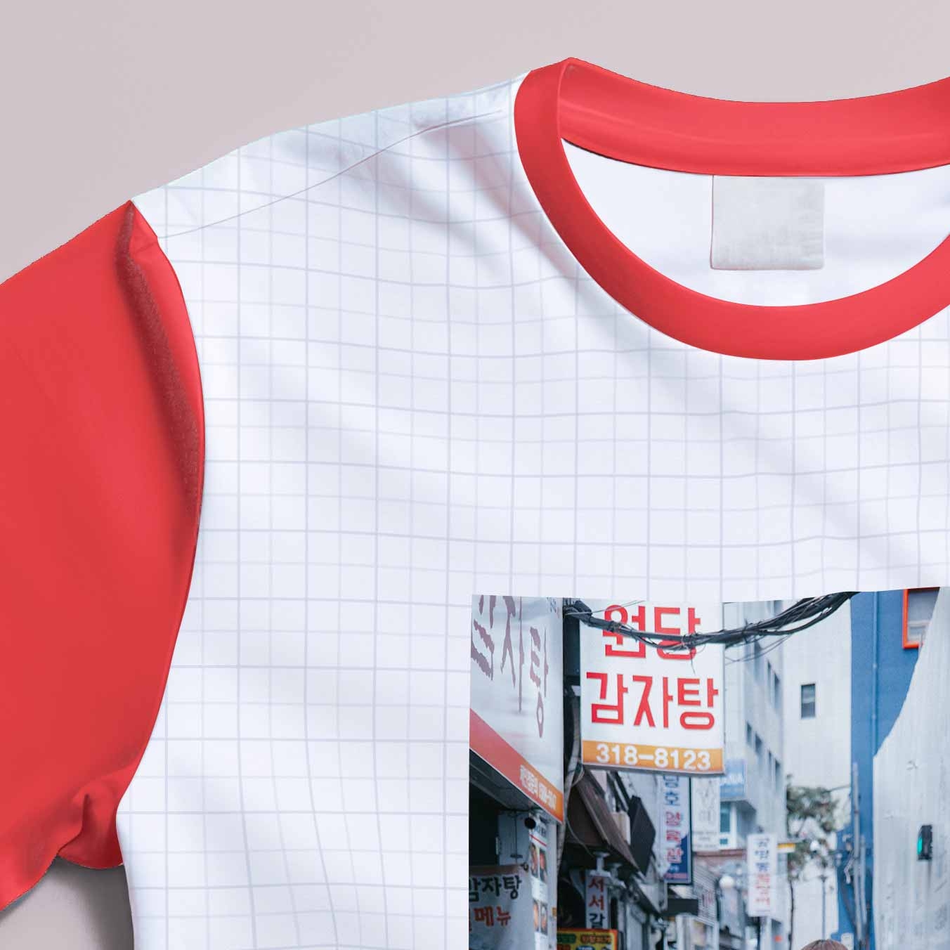 free white tshirt gildan bella canvas photoshop mockup displaying a customized t-shirt in a korean style closeup 2