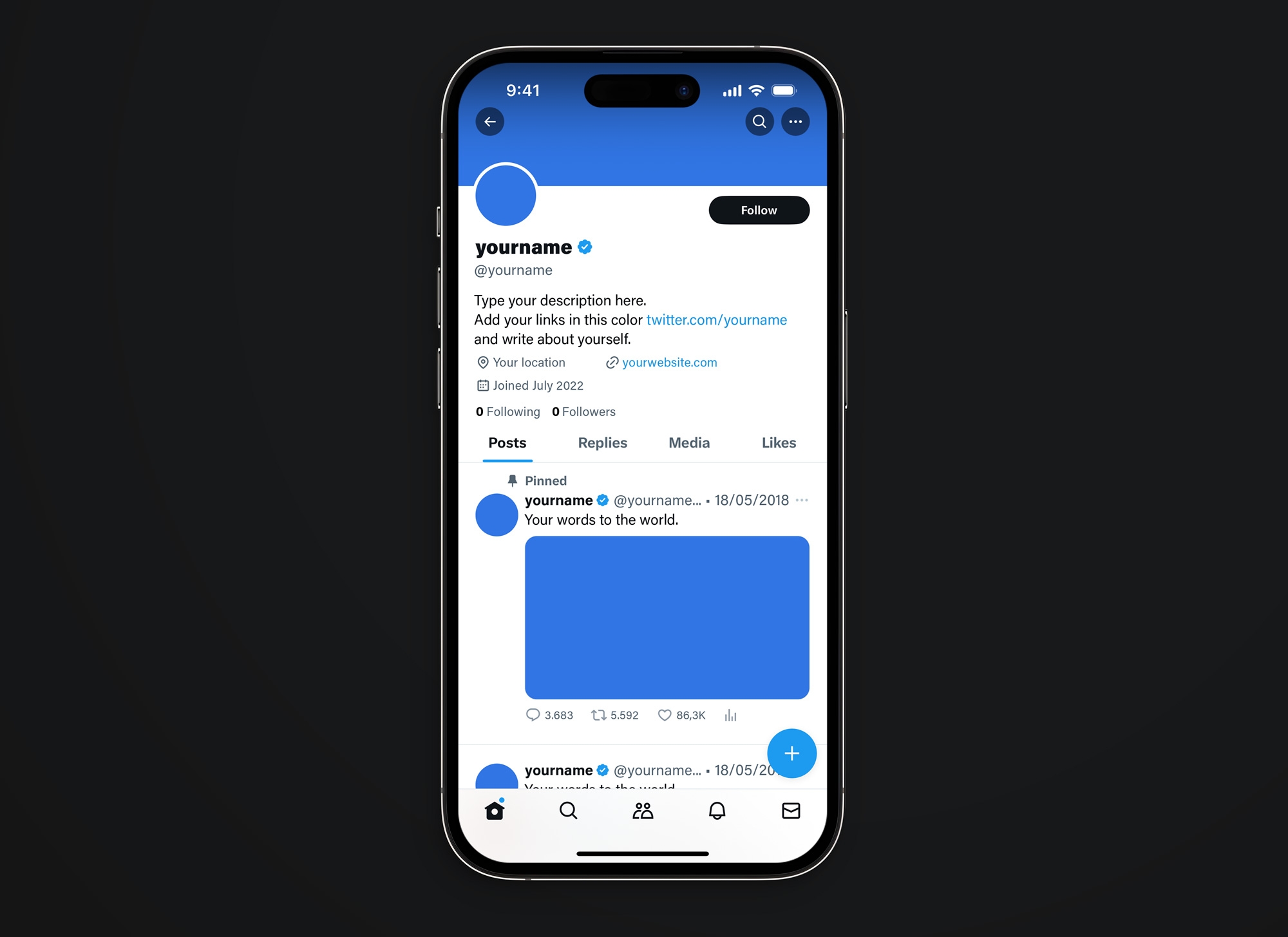 free twitter X profile page mockup displayed on an iPhone 15 pro template