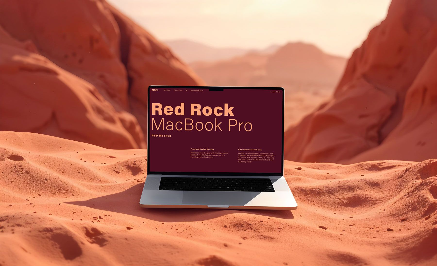 MacBook Pro placed in a red rock national park desert Photoshop mockup