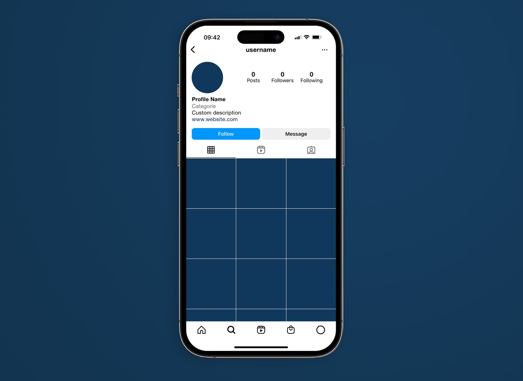 free instagram profile page mockup displayed on an iPhone 14 in light mode