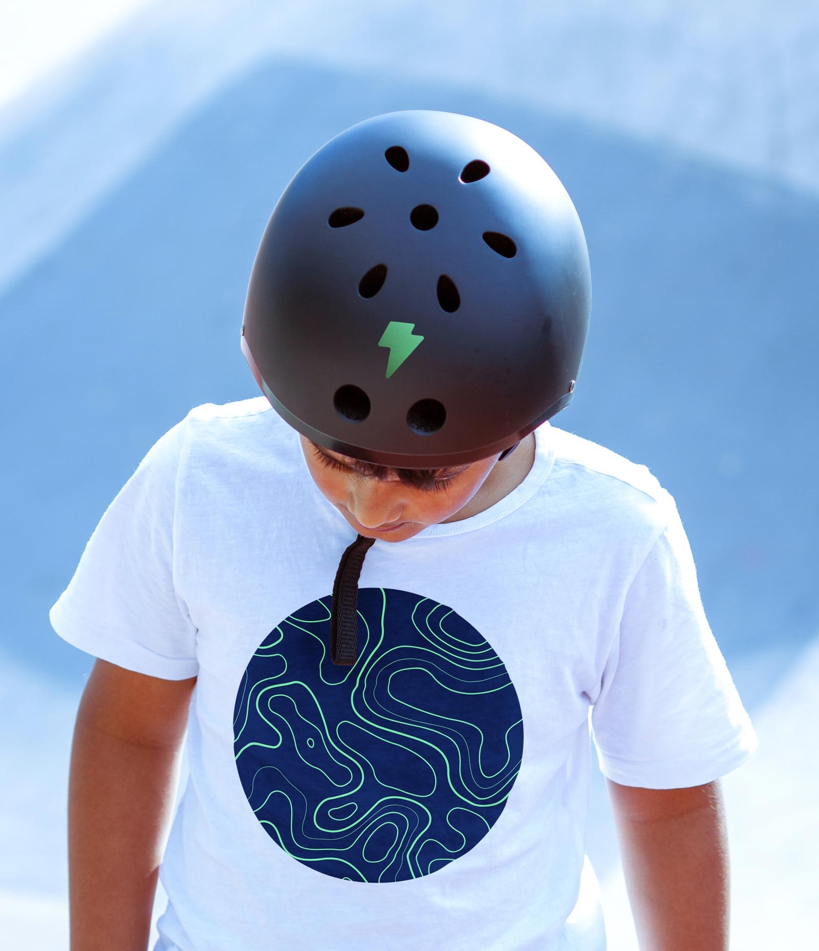 Green flash logo on helmet and pattern on tshirt