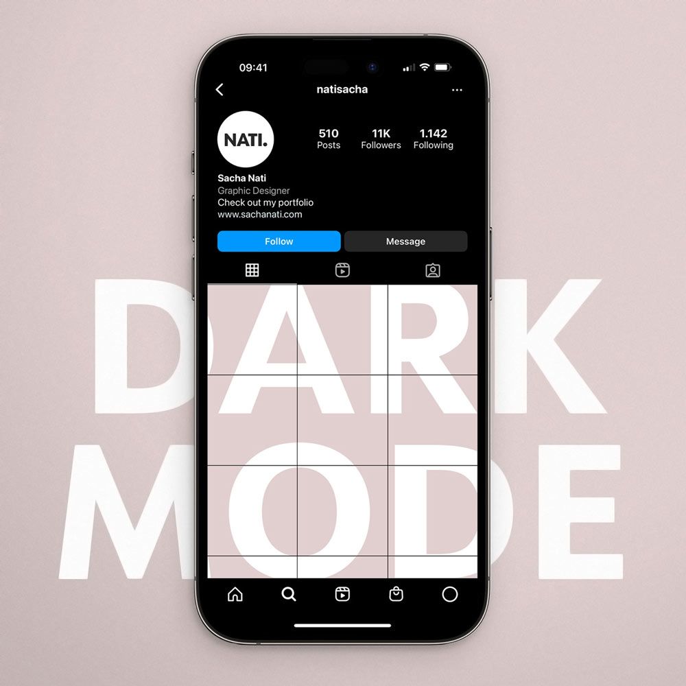 free instagram profile page mockup displayed on an iPhone 14 in dark mode
