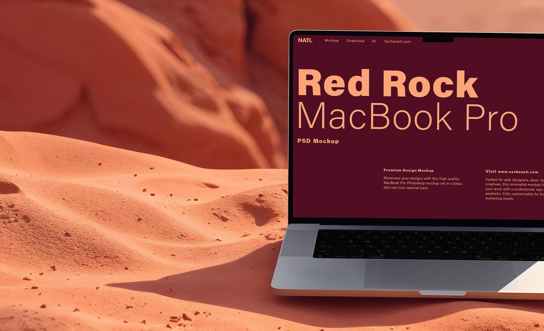 psd mockup of a macbook pro in a red stone desert