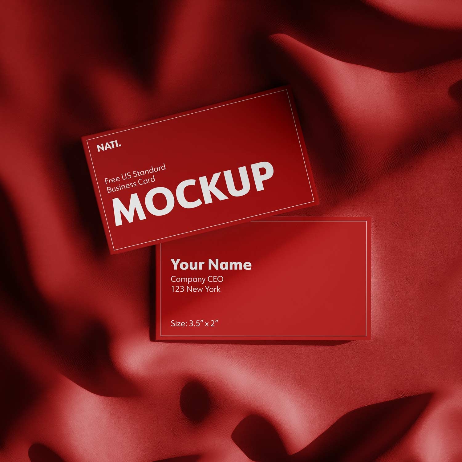 free mockup of a red double sided business card (standard US size) lying on a red cloth background
