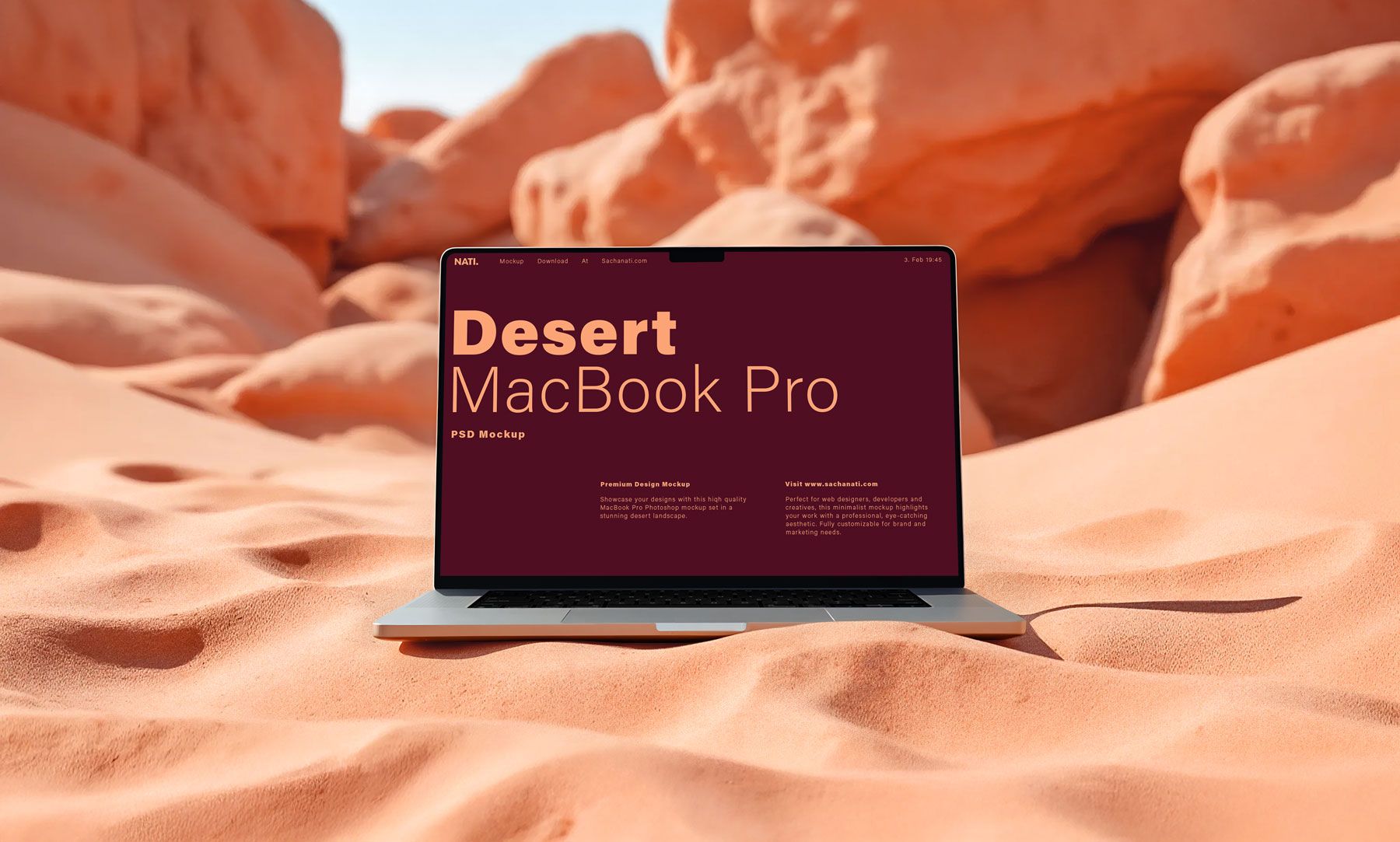 psd mockup of a macbook pro in a warm sandy desert