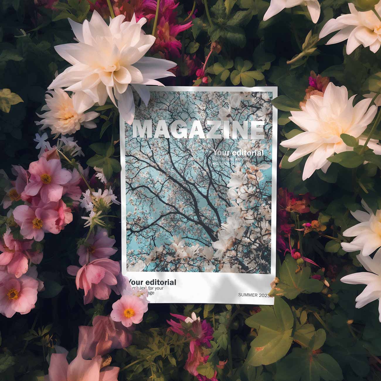 editorial magazine lying in flowers psd mockup