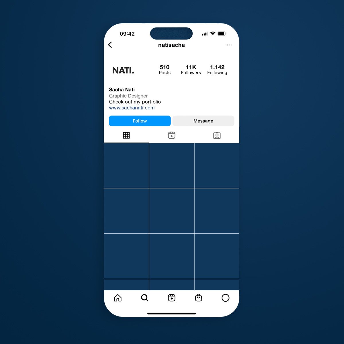 free instagram profile page mockup displayed on an iPhone 14 in light mode