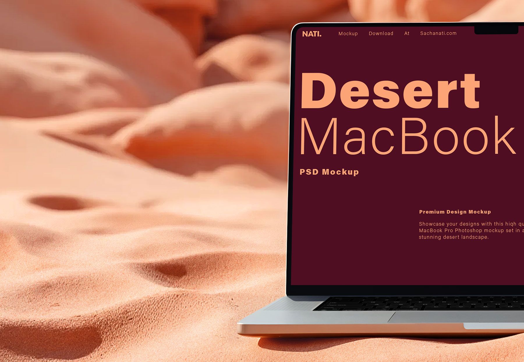 psd mockup of a macbook pro in a warm sandy desert closeup