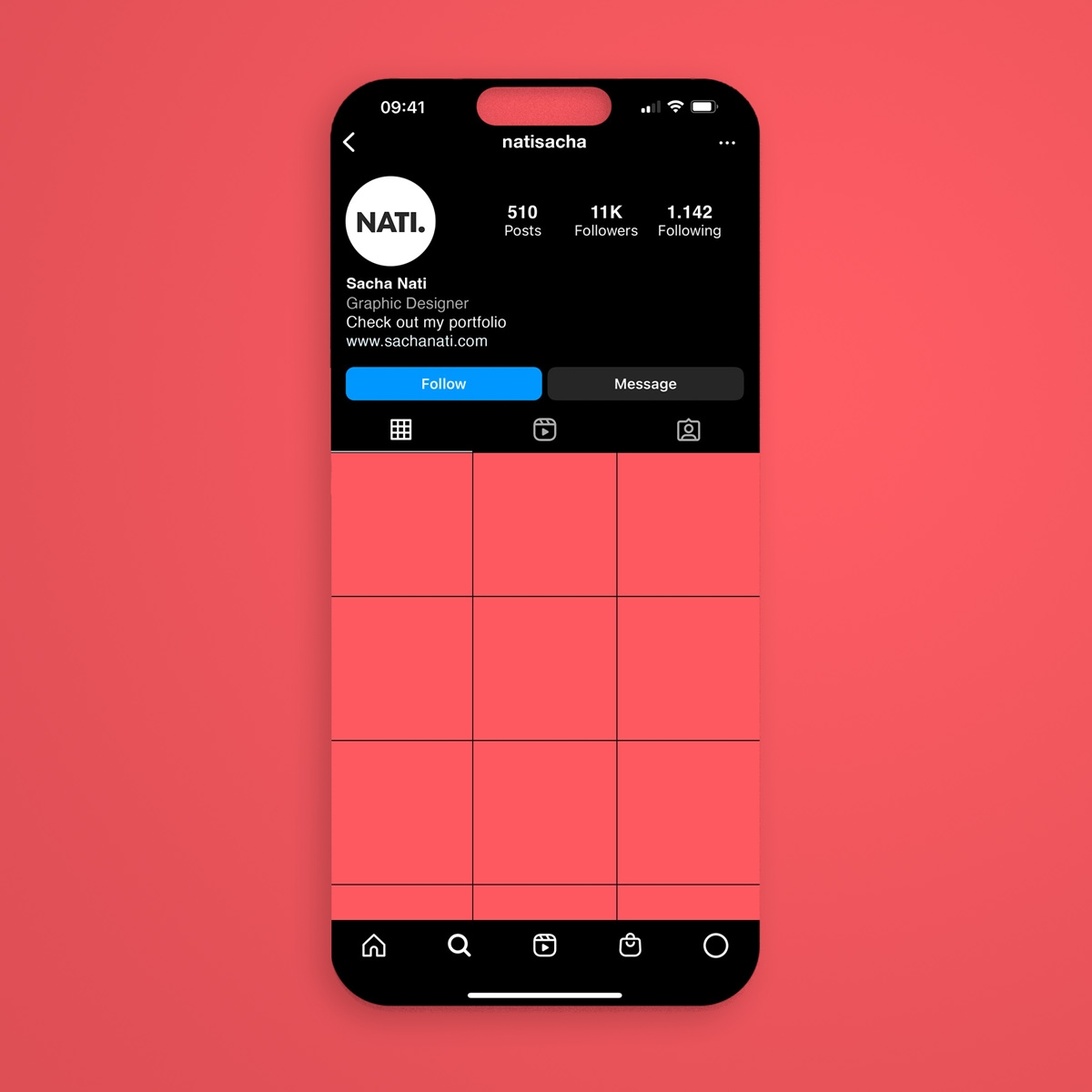 free instagram profile page mockup displayed on an iPhone 14 in dark mode